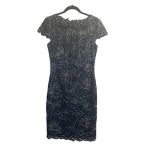 Tadashi Shoji Sz 6 Gold Embroidered Lace Boatneck Dress Dark Teal Blue #7080